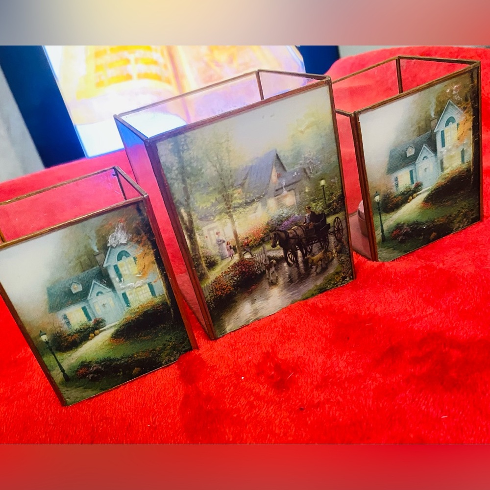 Vintage Scenic Glass Candle Holders Set